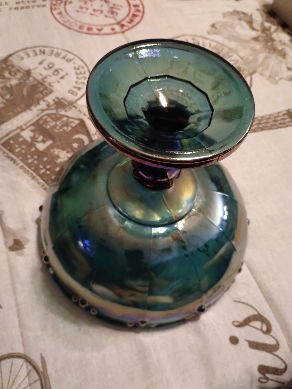 1970s Indiana Glass Iridescent Blue Carnival Glass Pedestal Compote/ Candy Bowl