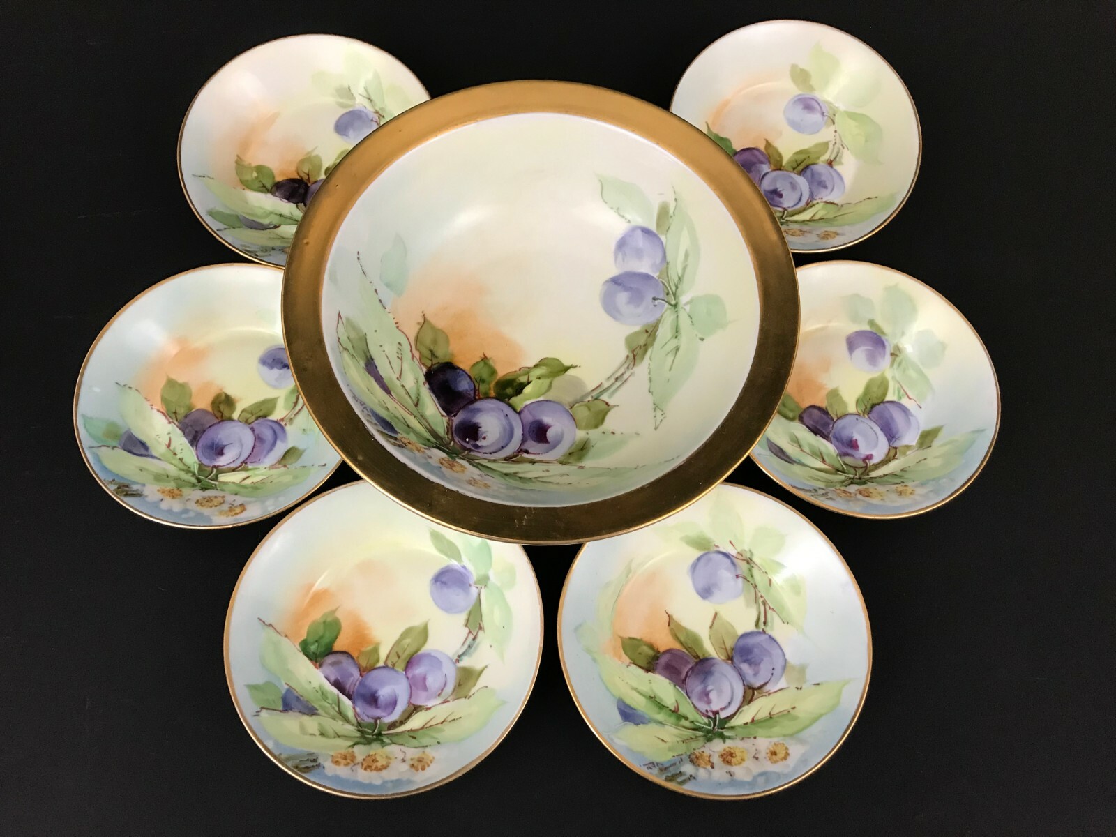 O&EG Royal Austria Berries Floral Serving Bowl w 6 Berry Bowls Set Artist Signed
