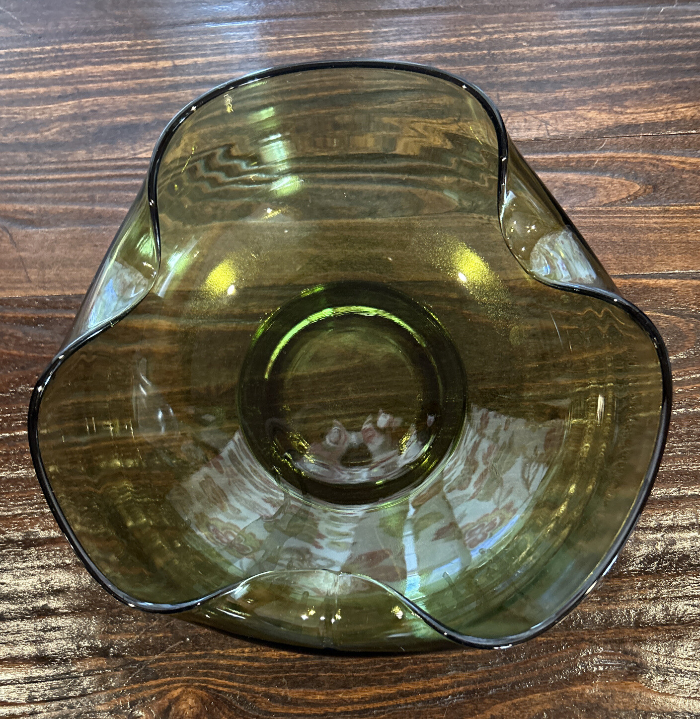 Vintage Anchor Hocking Glass Green Bowl Folded Pinched Sides Dish 9″