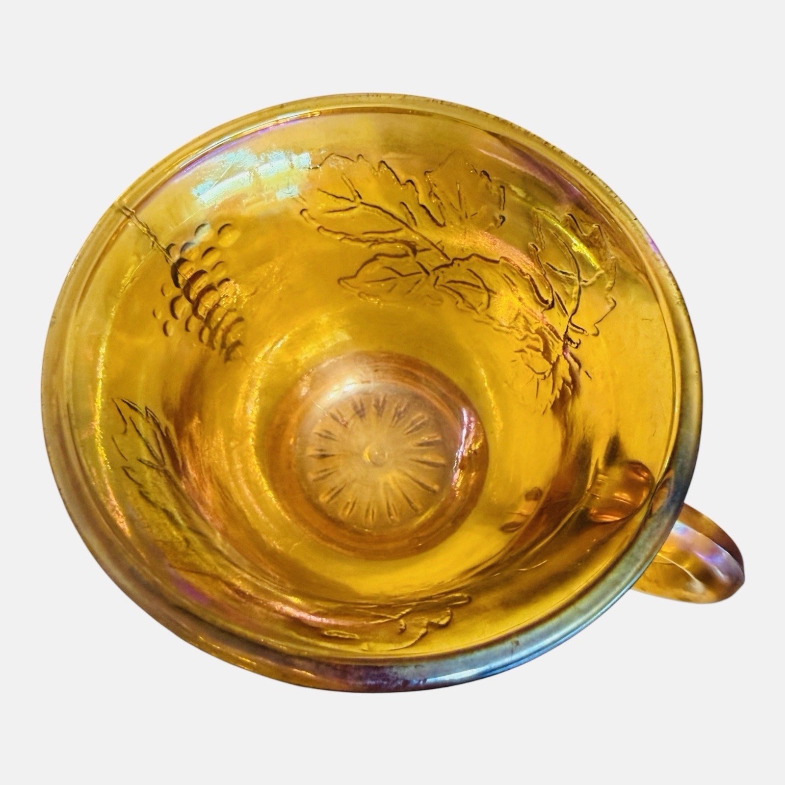 Vintage 6 Carnival Glass Iridescent Amber Punch Bowl Cups Autumn Leaves