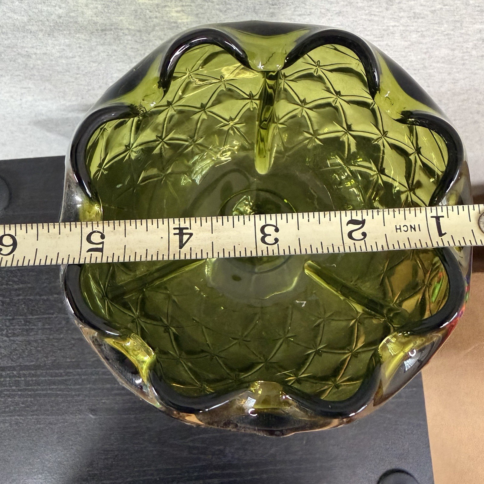 INDIANA GLASS Co. Green Duette Pedestal Compote Bowl Diamond Quilted Pattern 9”
