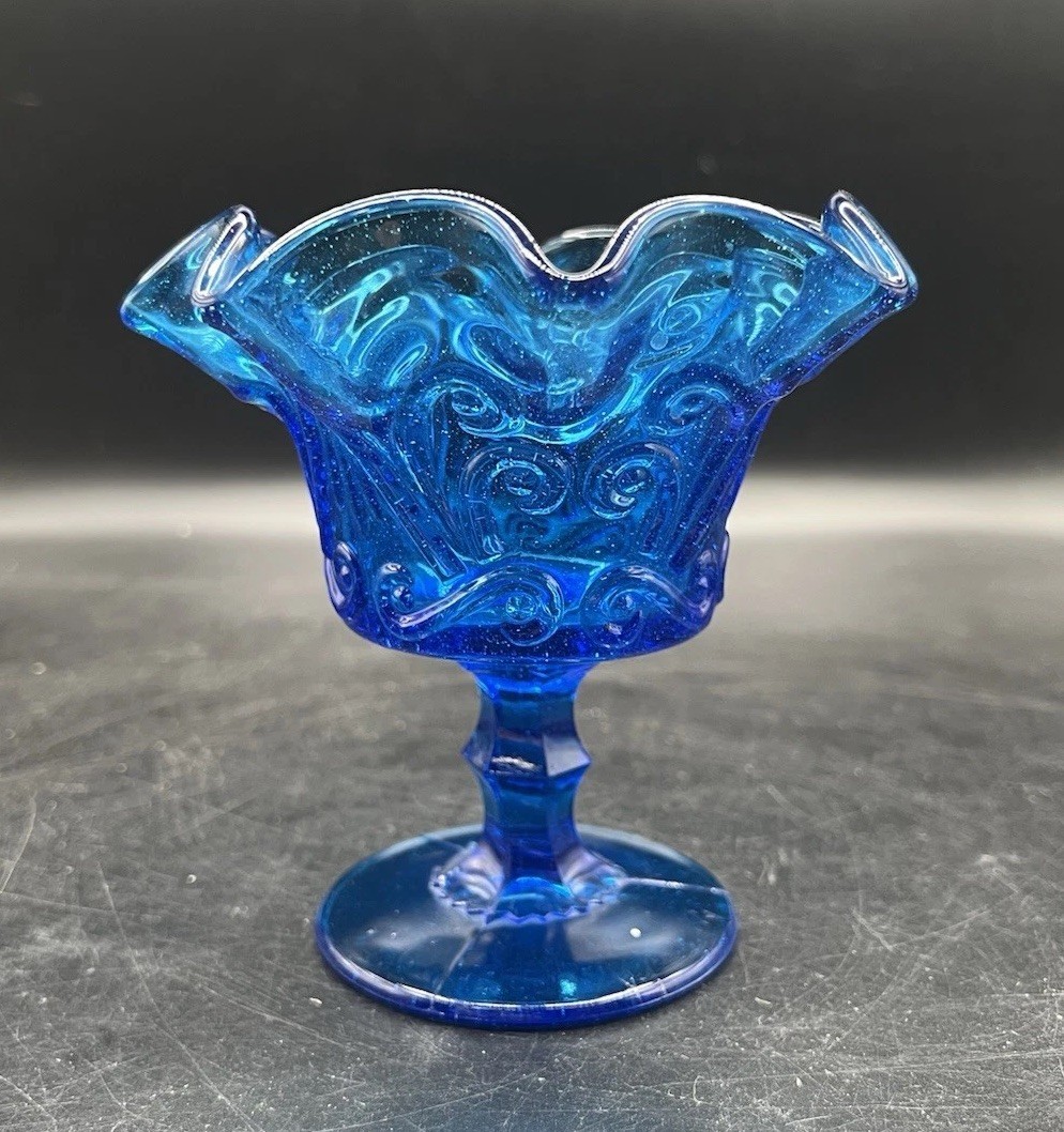 Atterbury Compote Bowl Blue Scroll Pattern Ruffle Edge Vintage
