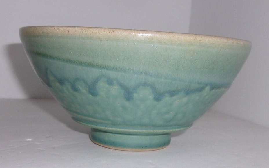 Signed Art Pottery Bowl Blue Gray Drip Glaze Tan Swirl & Leaf Inside