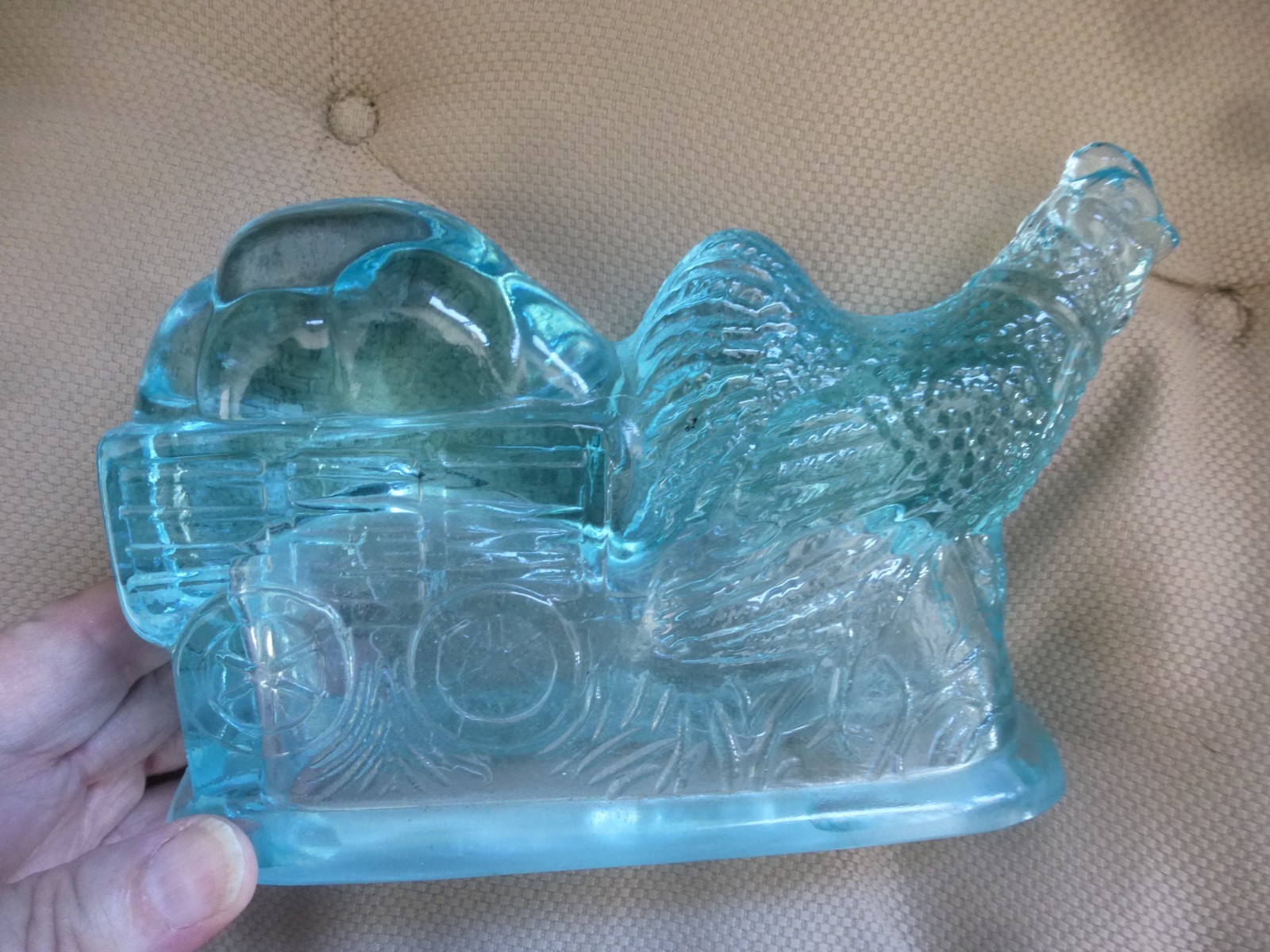 Hen Chicken pulling wagon Aquamarine Blue Glass Candy Dish Top Easter Spring