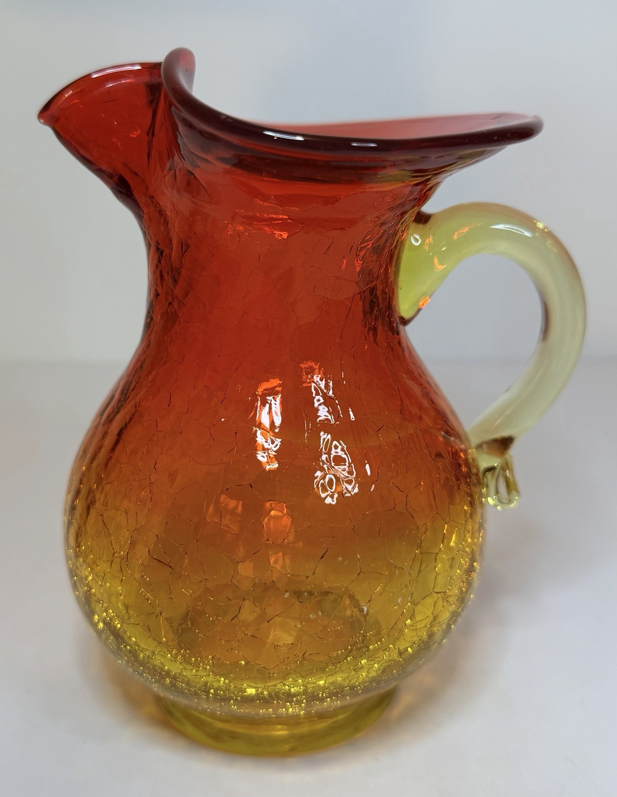 Vintage Crackle Hand Blown Art Glass Amberina Pitcher w Applied Handle 6” EB78