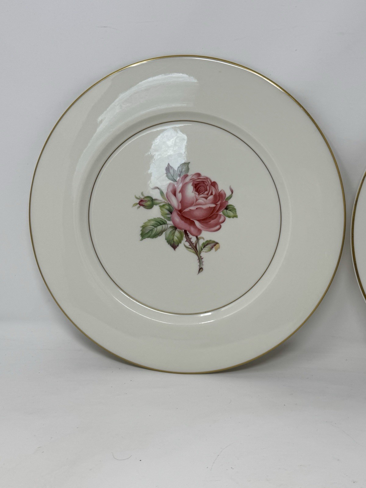 2 Ancestral USA China Manor Rose Dinner Plates rose floral gold trim GUC elegant