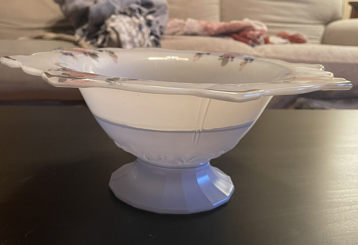 Baby Blue Art glass Bowl Pink Roses Platinum trim on Clear & White Glass