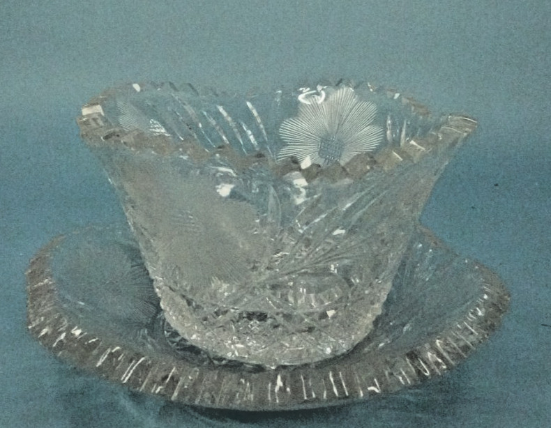 Antique American brilliant Period Cut Glass Mayonnaise Bowl w/ Under Plate