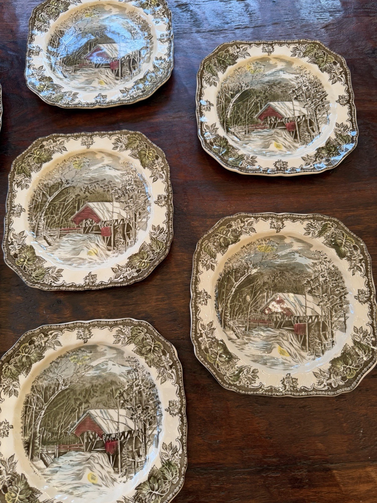 Lot Of 7 Johnson Bros The Friendly Village Square Salad Plates Covered Bridge
