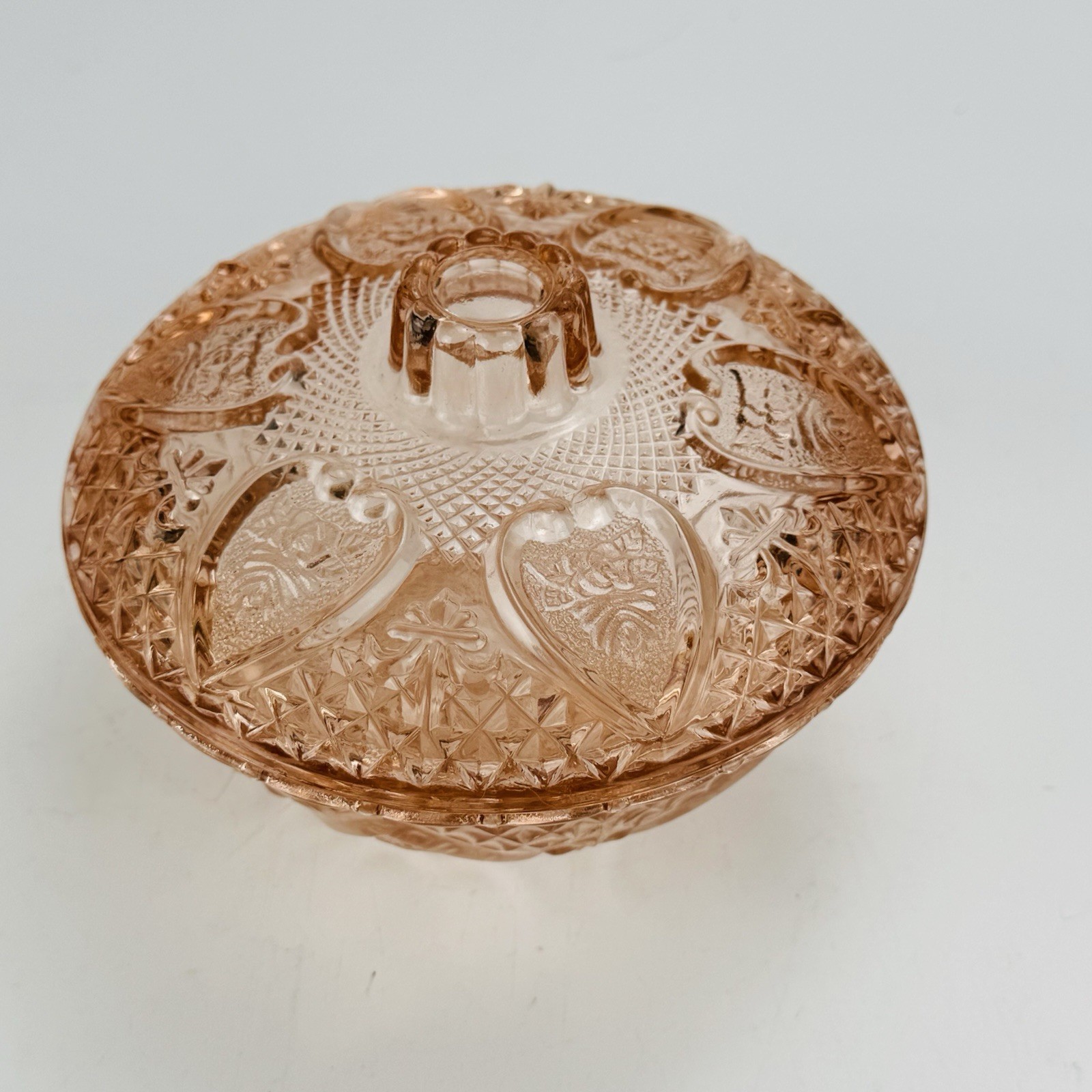 Vintage Covered Candy Dish Clear Pressed Glass Hearts and Roses