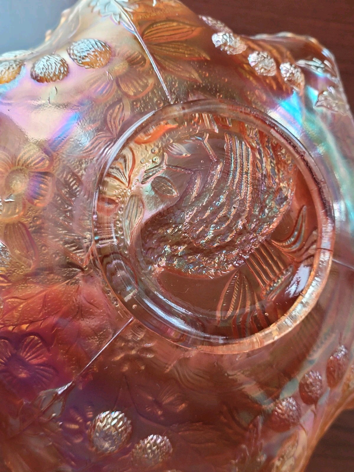Pretty Dark Marigold Fenton Carnival Glass Peacock & Urn Pattern Bowl