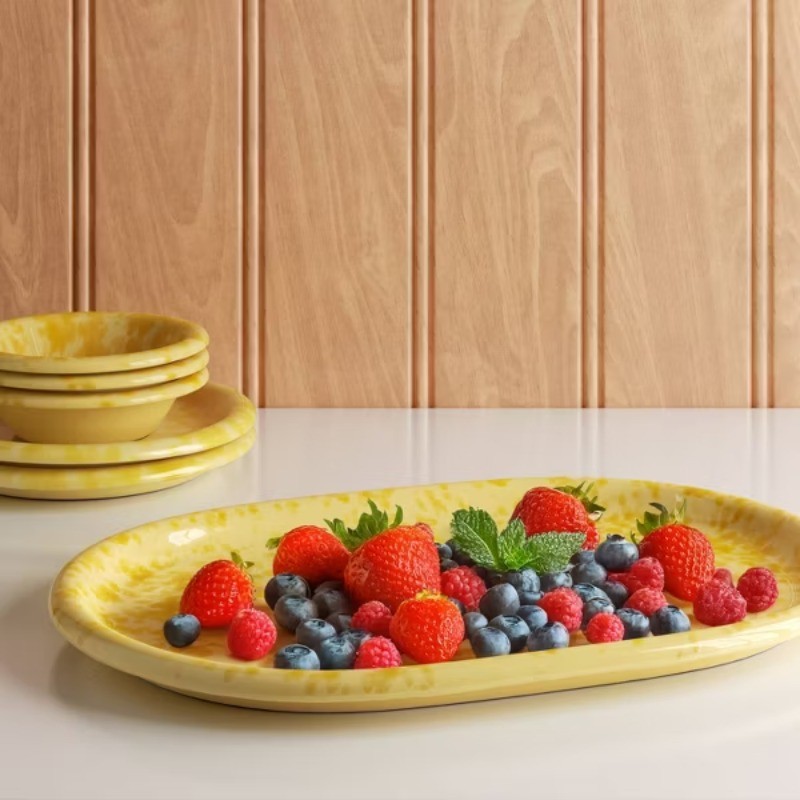 11″ Round Rim Serving Platter Yellow Splatter
