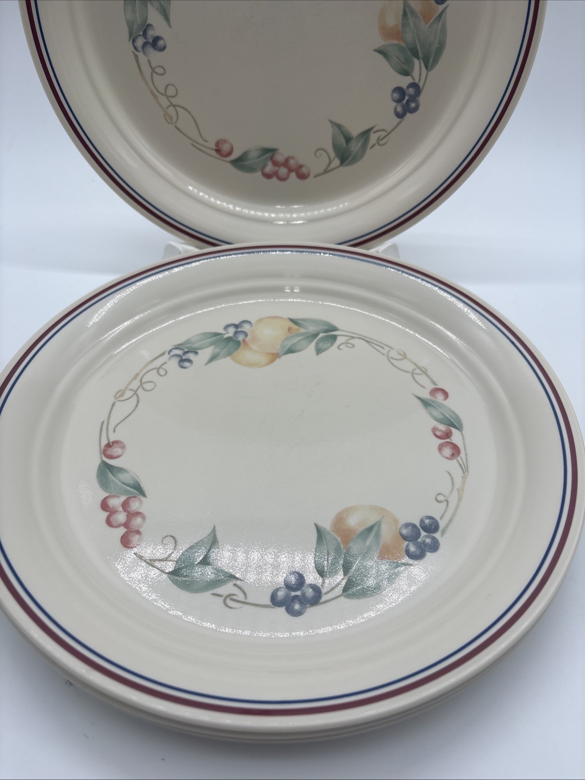 Set Of 4 Corelle ABUNDANCE 10 1/4 ” Dinner Plates Fruit Motif Striped Rim USA