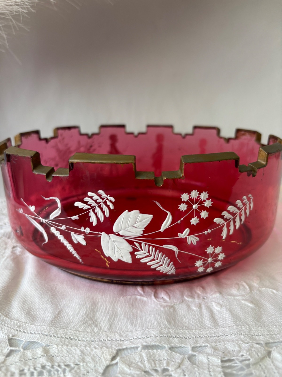 VTG Bohemian Ruby Red Bowl Ruby Flash Cut To Frosted Flower and Children Motif