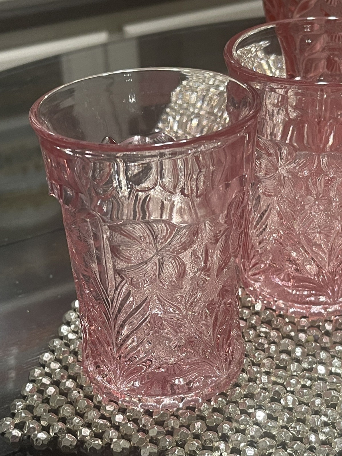 NEW! L E Smith Dogwood Pink Pitcher & Eight 4.25” Tumblers 8 oz w Original Boxes
