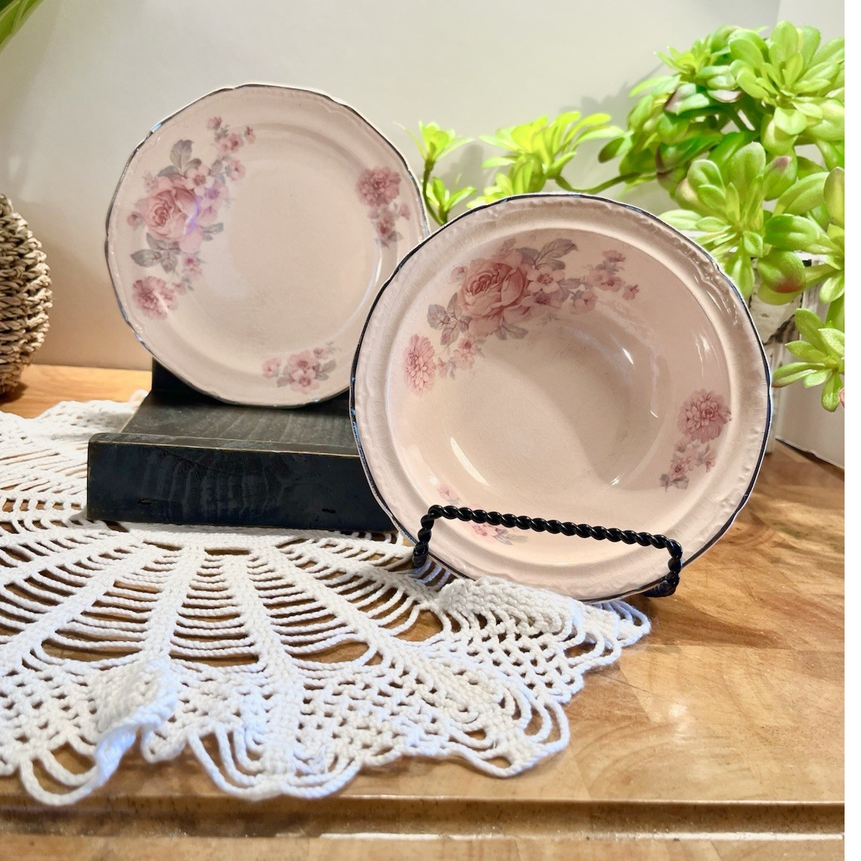 The Edwin M. Knowles Alice Anniglow Pink White Floral Bowl and Small Plate