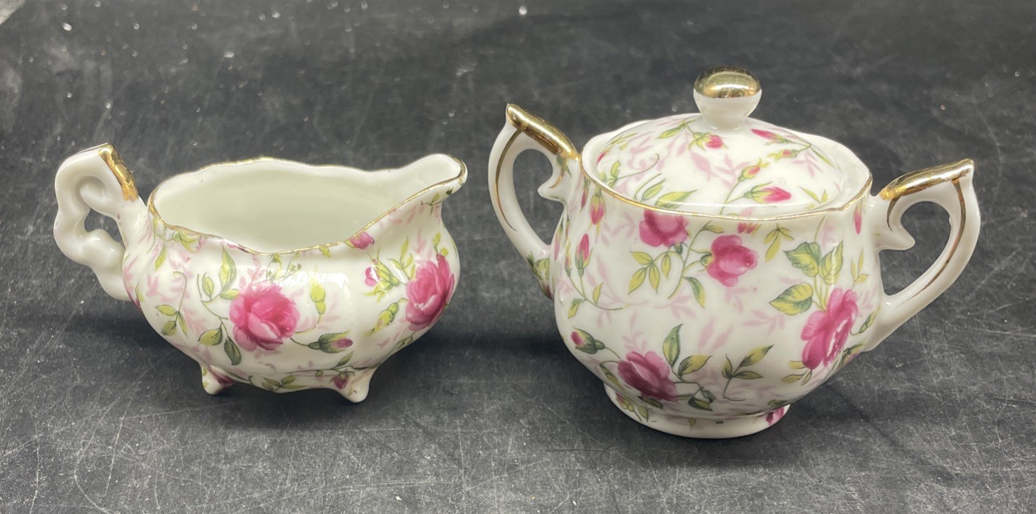 Vintage Lefton Rose Chintz Gold Leaf China Creamer and Sugar Bowl with Lid