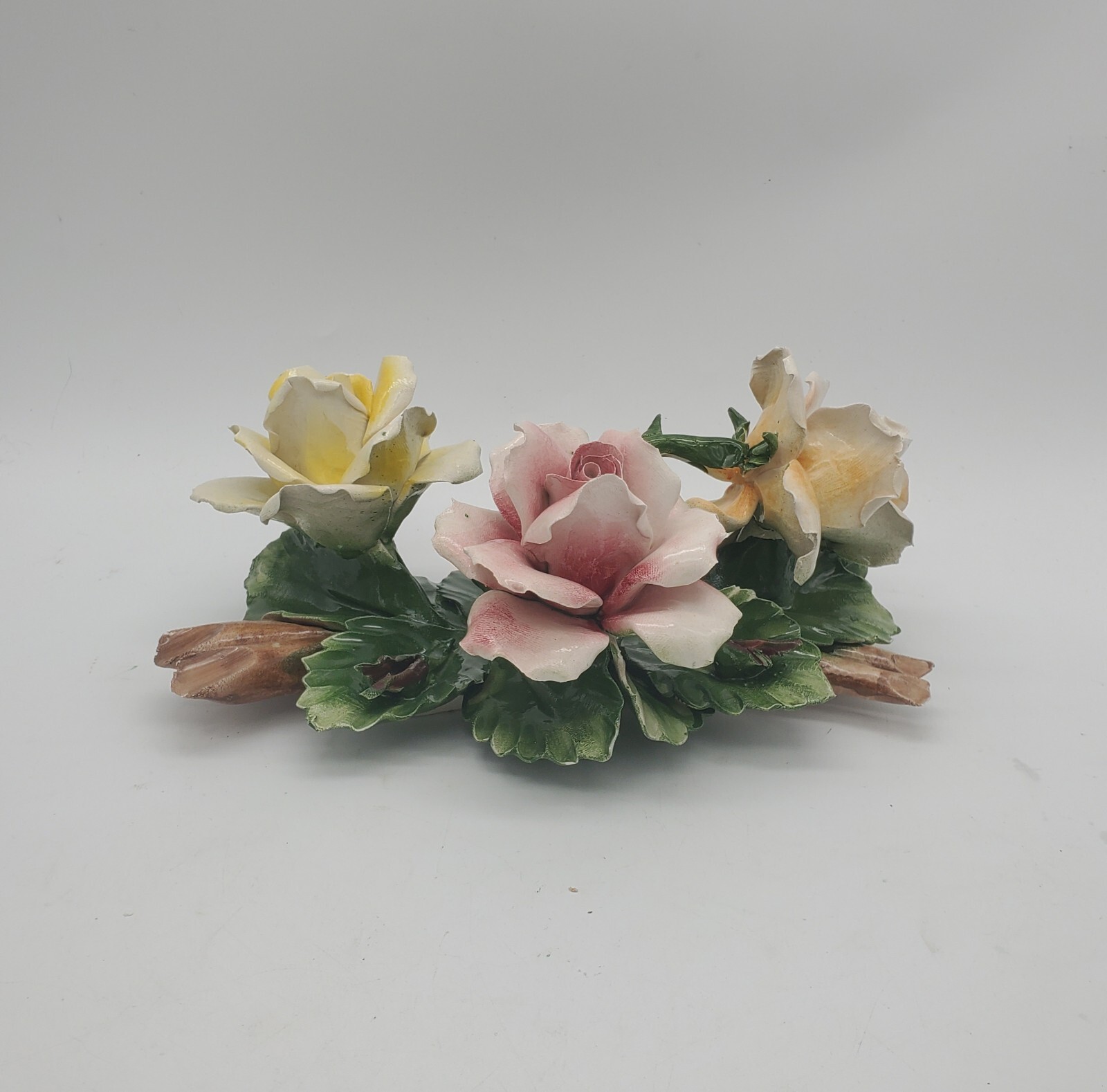 Signed Capodimonte Italy Pink Yellow Roses Ceramic Flowers Centerpiece Vintage
