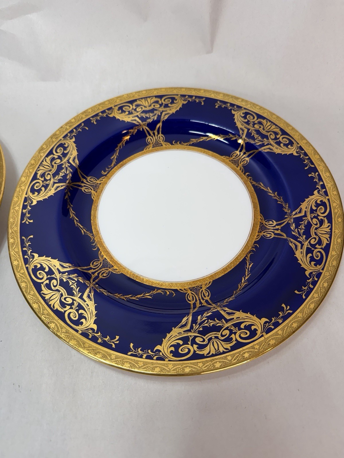 Antique Minton Porcelain 2 Dinner Plates w Raised Cobalt Blue Gold Rim 10 1/8 in