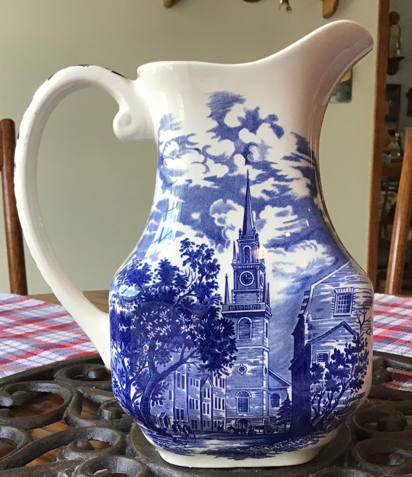 VINTAGE STAFFORDSHIRE LIBERTY BLUE “OLD NORTH CHURCH” PITCHER, 7 7/8’