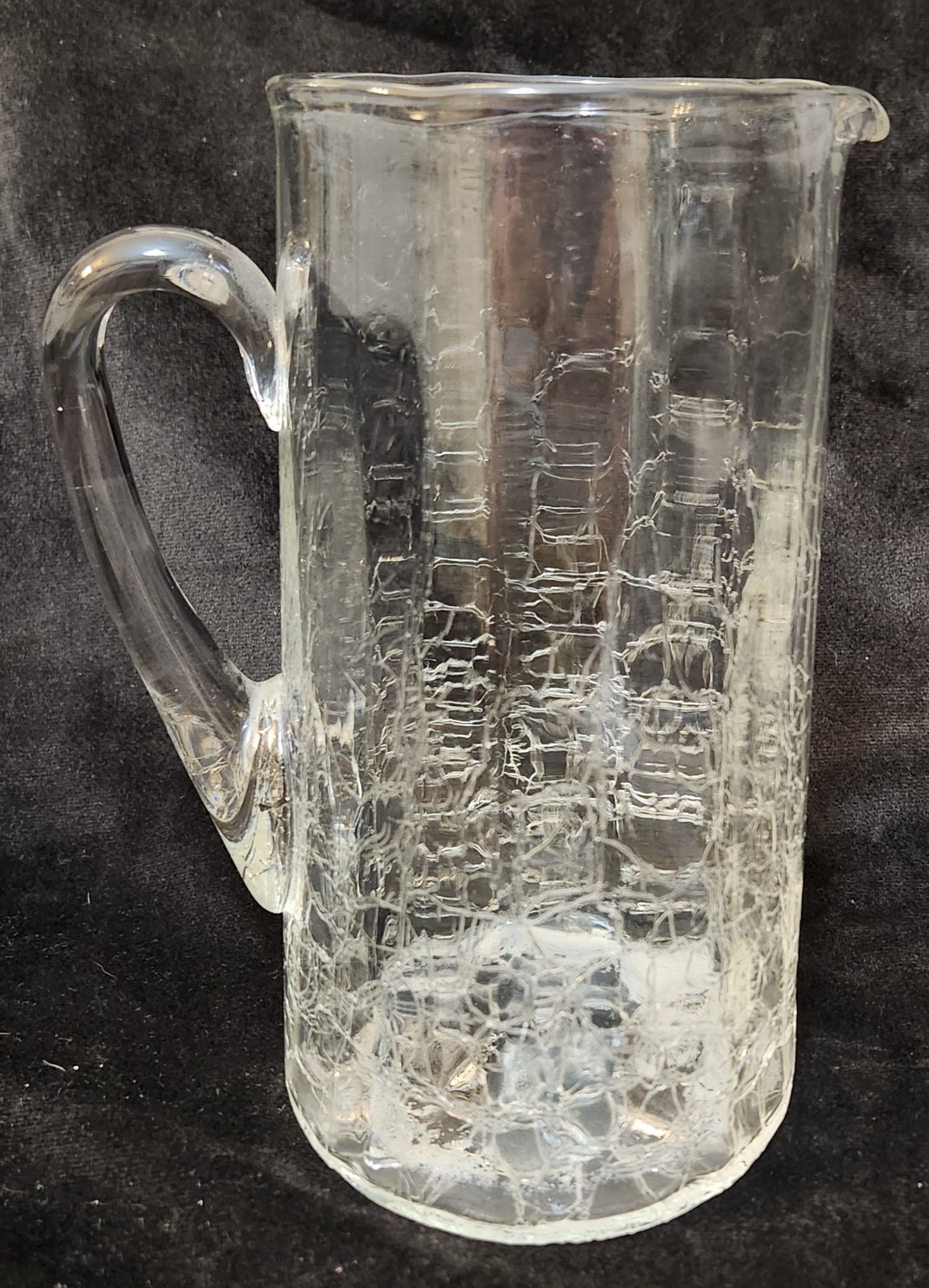 Antique Ribbed Crackle Glass Pitcher Applied Handle Art Nouveau maybe Kralik??
