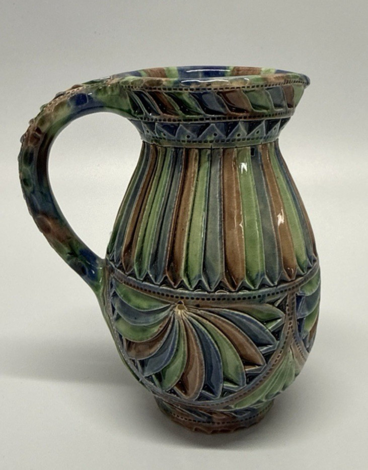 Friesland Dutch Kerfsnee Art Pottery Pitcher Green Blue Brown RF de Boer Holland
