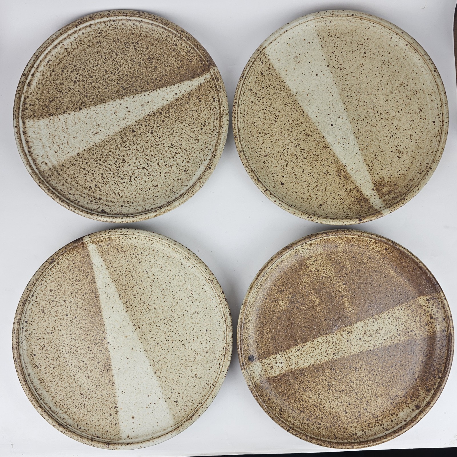 Signed Studio Pottery Abstract Minimalist Glaze Stoneware Dinner Plate Set of 4