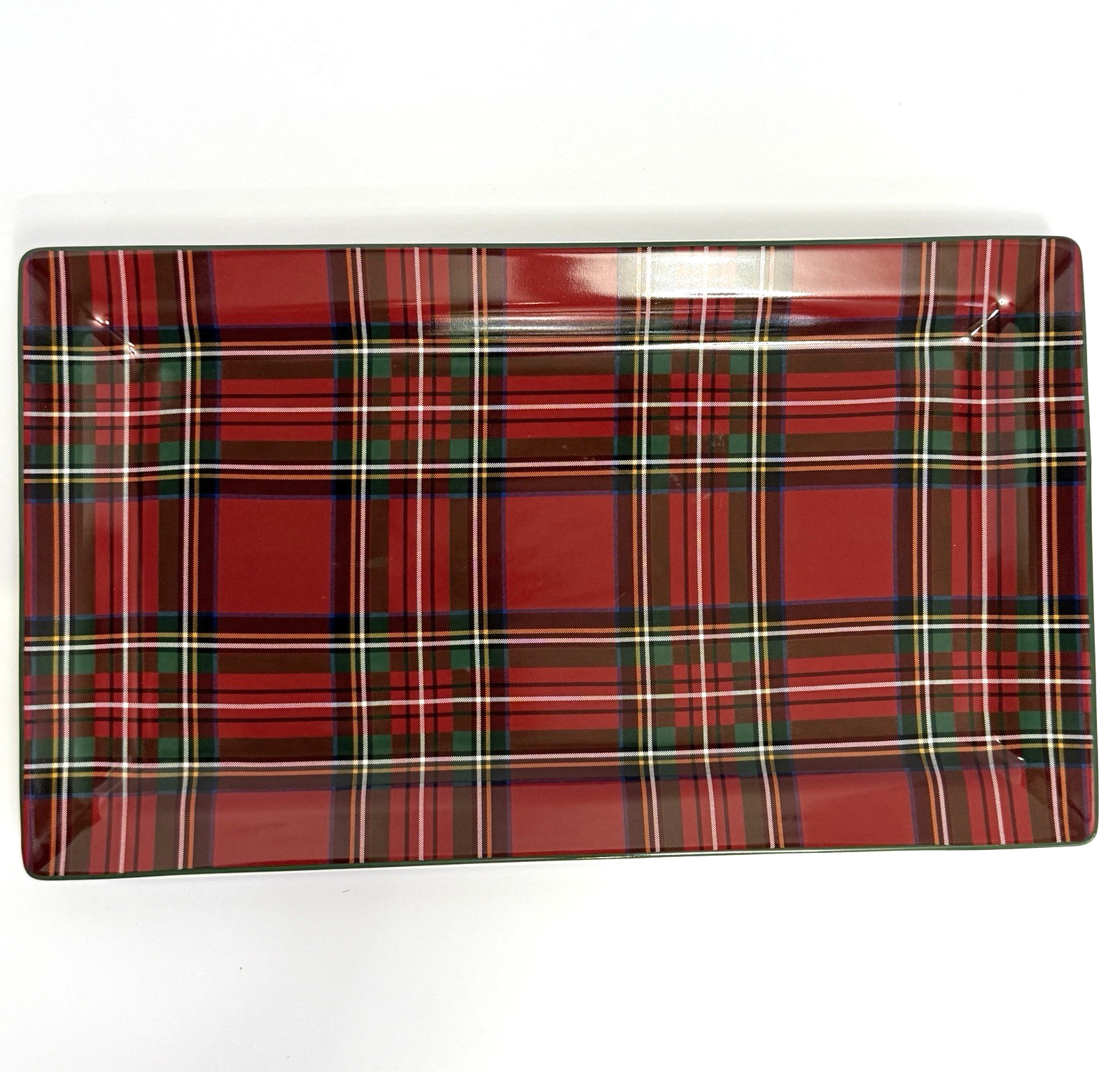 POTTERY BARN STEWART PLAID STONEWARE RECTANGULAR PLATTER 17.25 x 10″ ~ RED