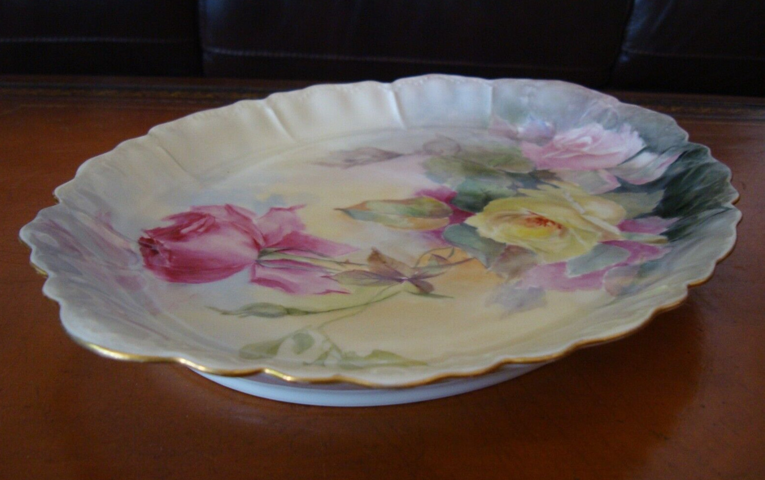 ANTIQUE LIMOGES HAVILAND FRANCE 14″ LARGE HAND PAINTED ROSES PLATE PLATTER TRAY