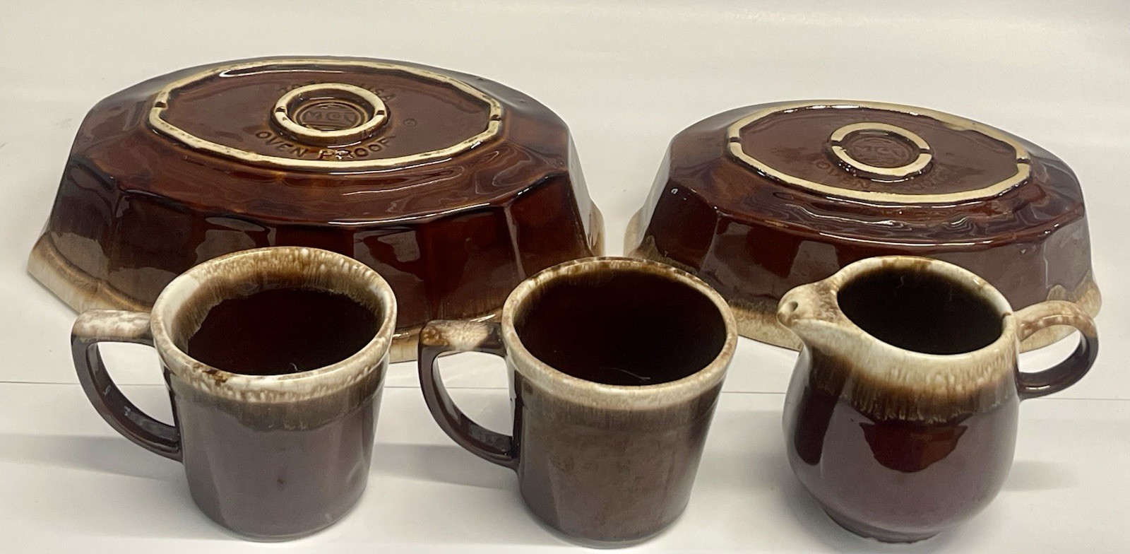 Vintage MCM Brown Drip Glaze Pottery Set Mugs Bowls Creamer USA Oven Proof