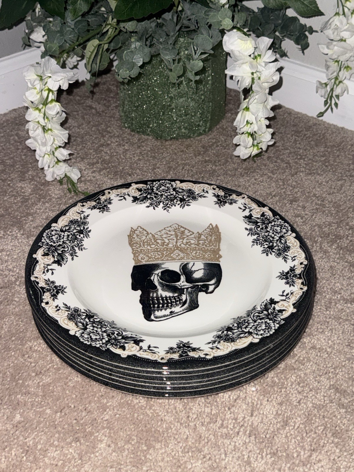 Set/6 Royal Stafford England Halloween Royal Skeleton W/ Crown 11″ Dinner Plates