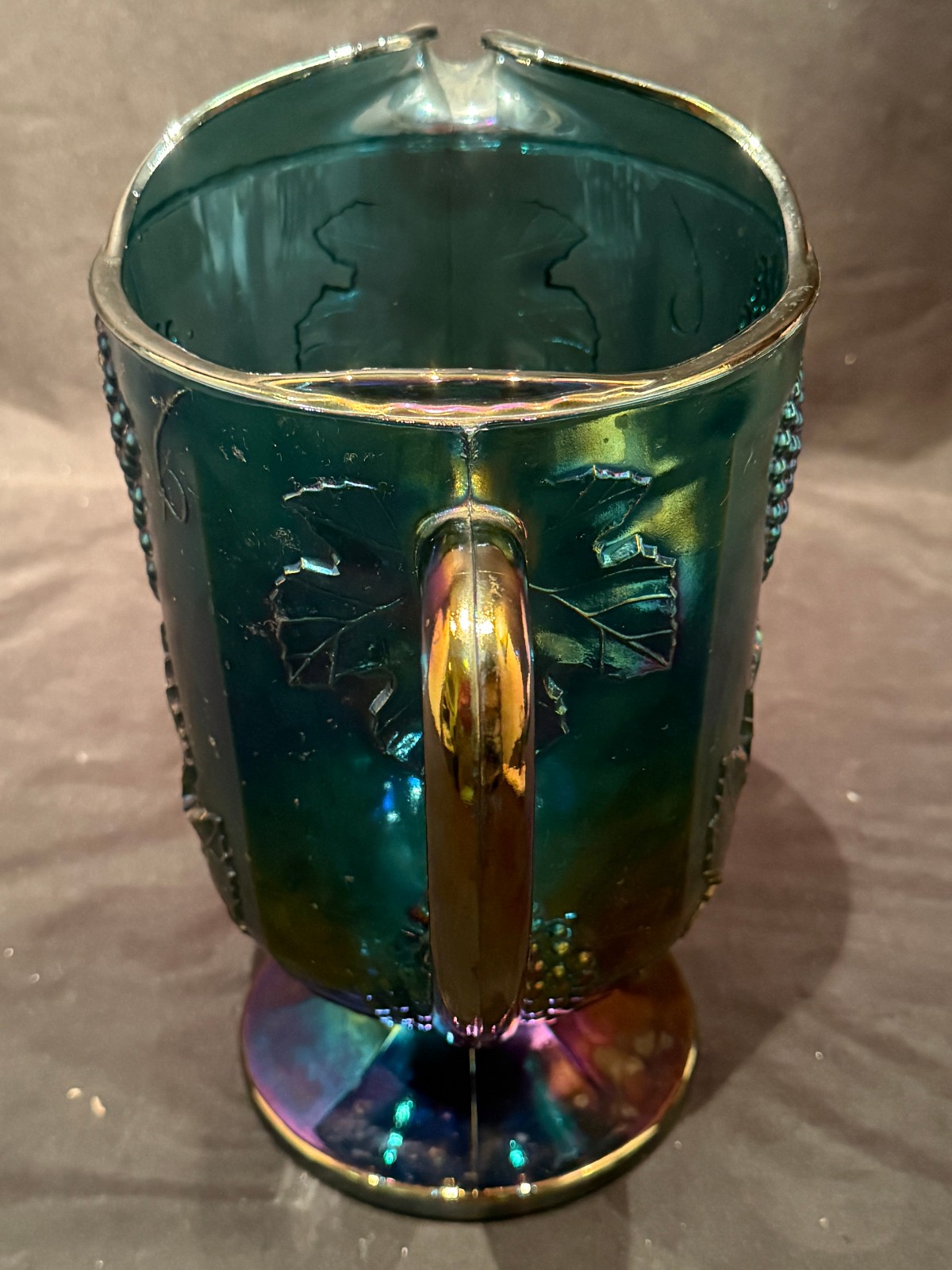 Harvest Grape & Leaf Indiana Art Glass Carnival Iridescent Blue Water Pitcher