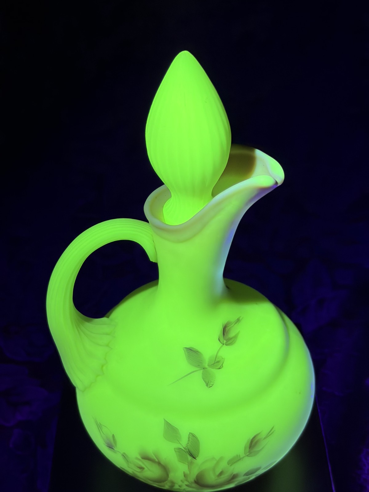 Vintage Fenton Burmese Satin Glass Cruet Stopper Hand Painted Roses UV Glow