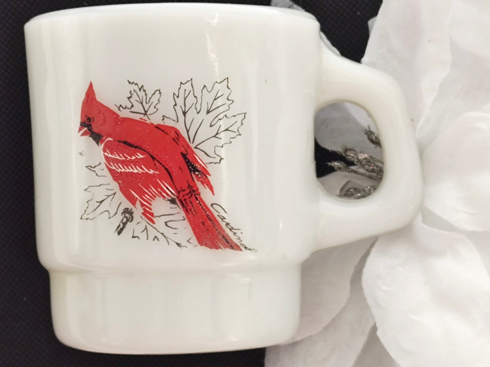 Cardimal Birds Fire King Mug EASTER Anchor Hocking Milk Glass Vtg Coffee Tea Cup