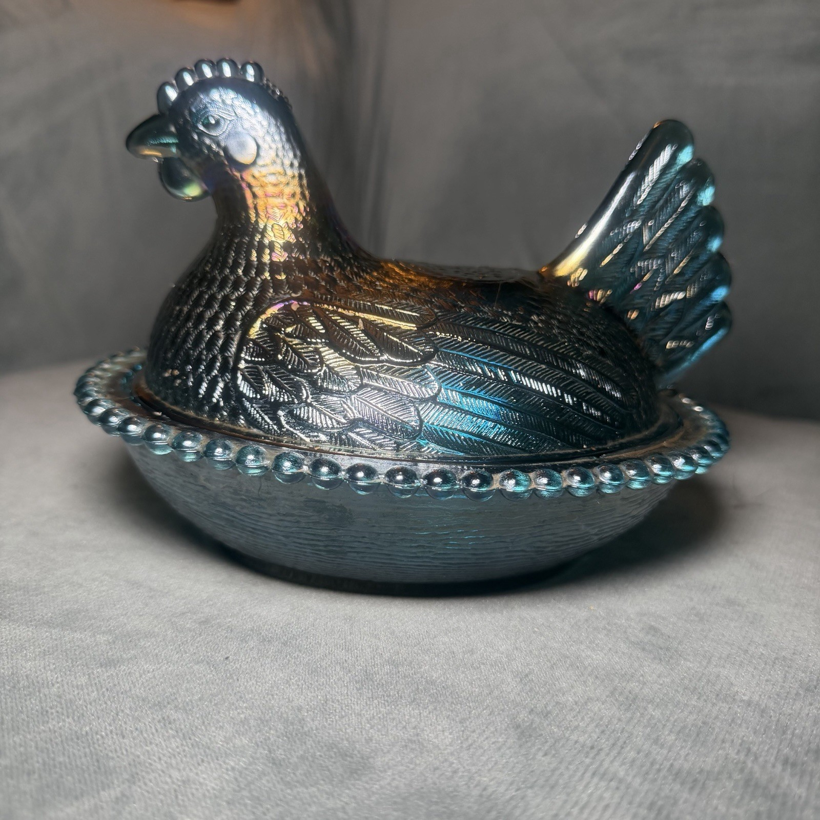 VTG Indiana Hen On a Nest Beaded Candy Dish 7″ Iridescent Blue Carnival Glass