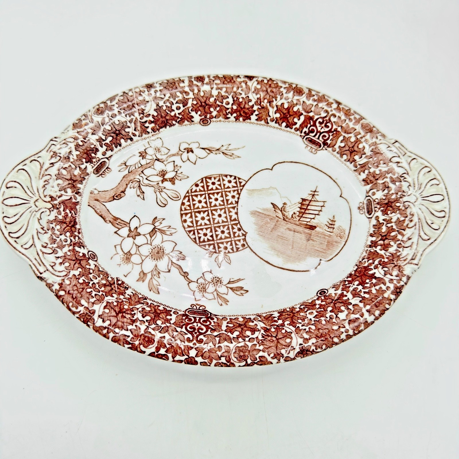 Antique Copeland Spode Aesthetic Brown Transferware Ship Small Platter Tray 1882