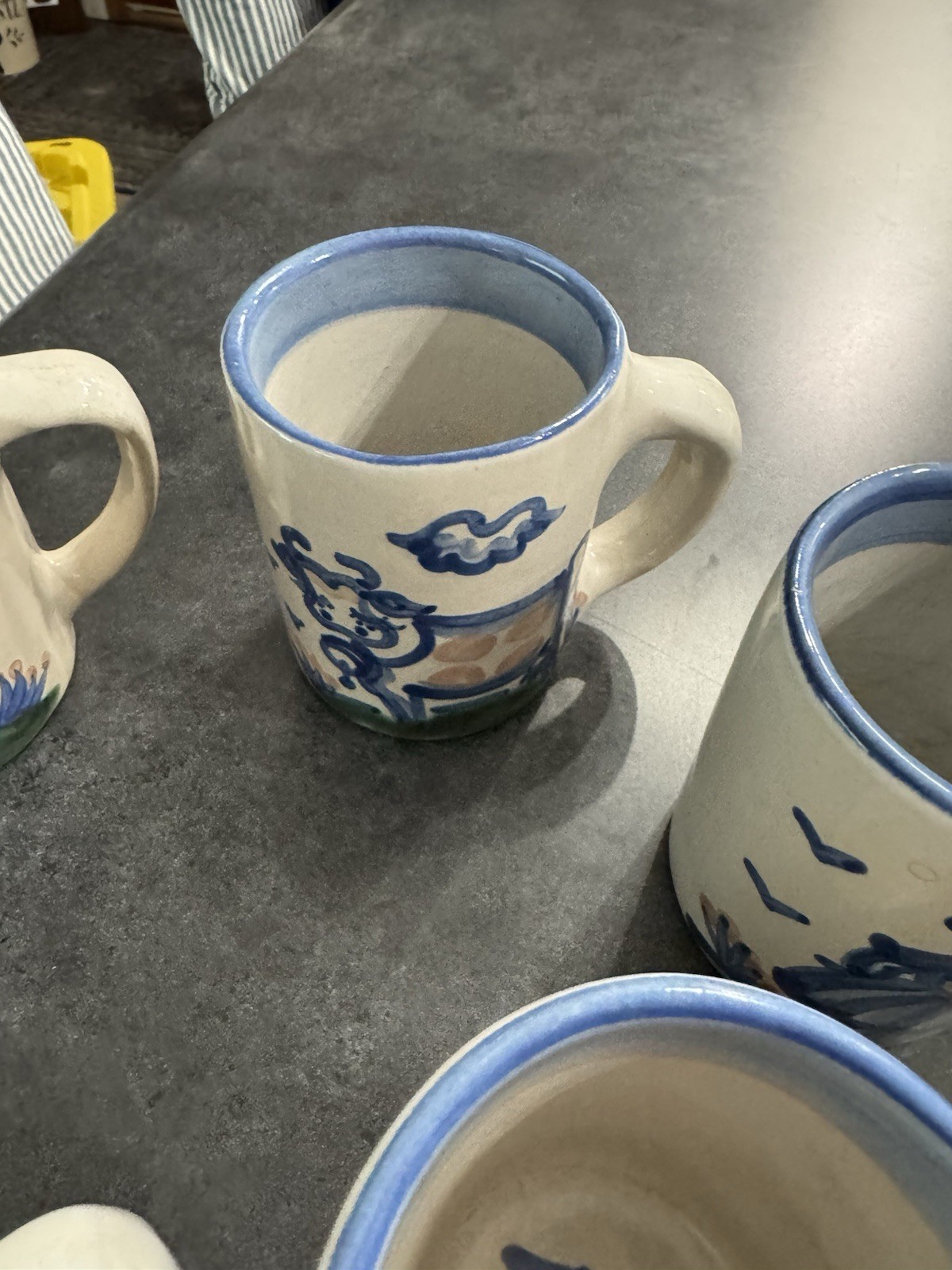 Set of 6 M.A. Hadley Pottery Mugs Hand-painted Blue Folk Art