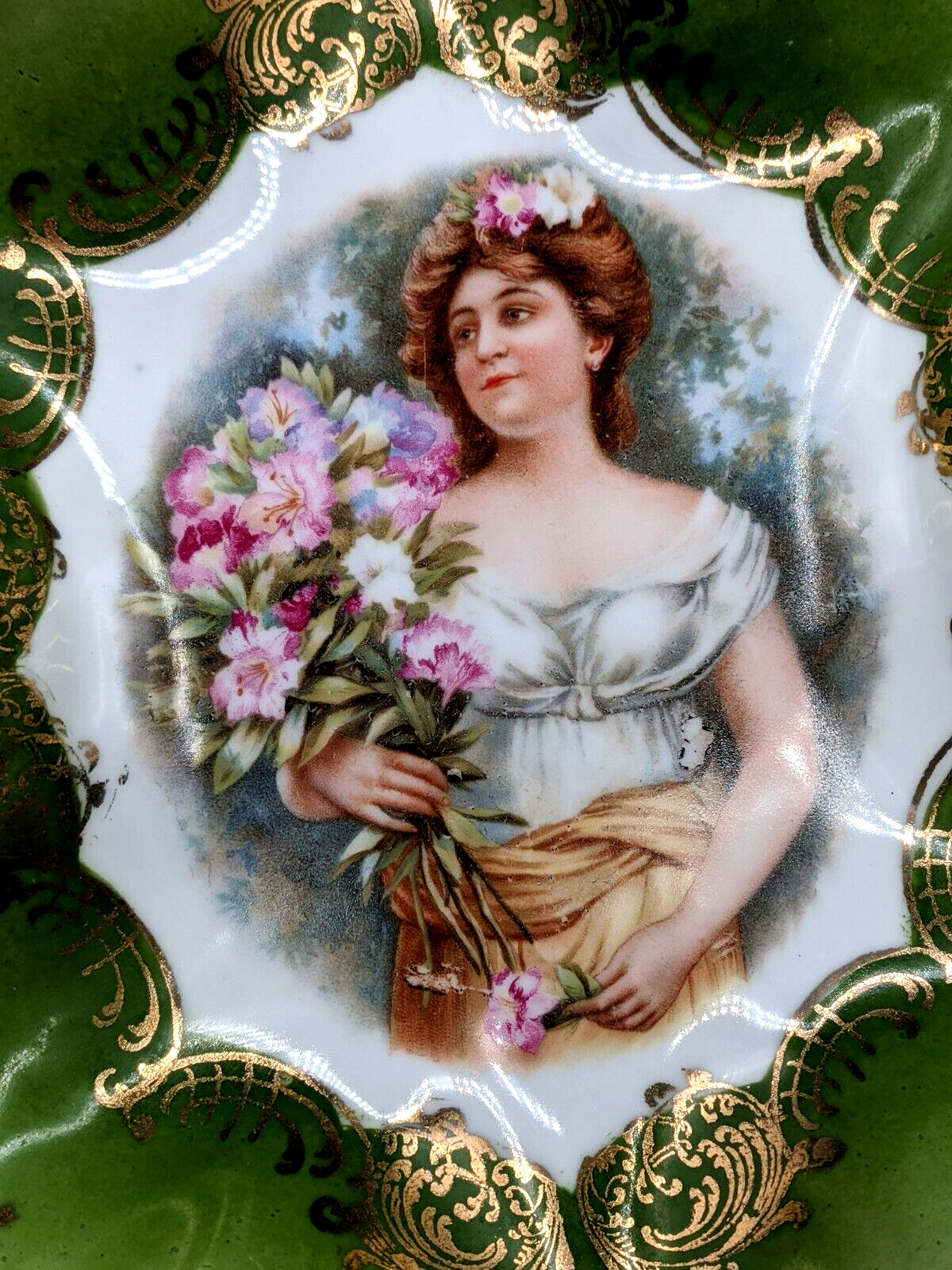 Antique Royal Bavarian China – PMB – Germany – Green & Gold – Lady with Bouquet