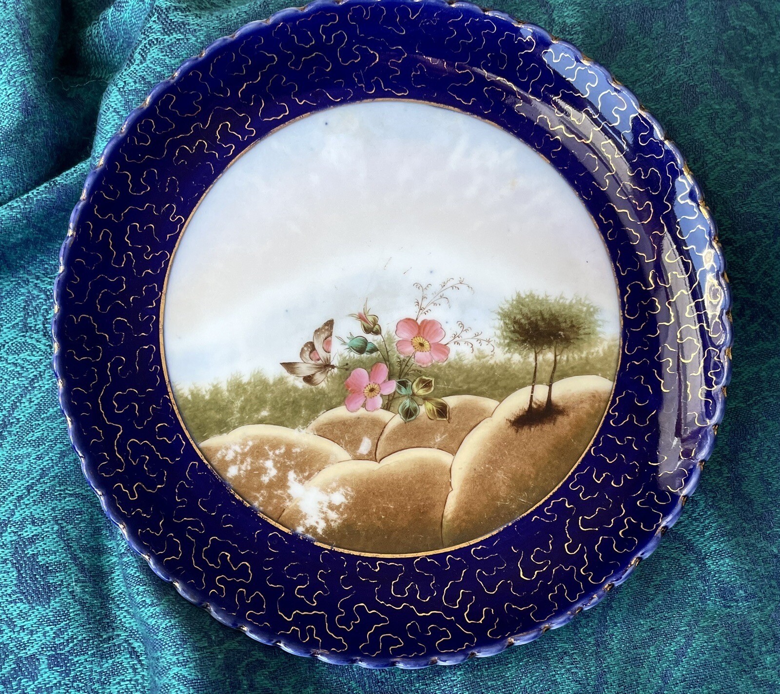 Cobalt and Gold square bowl and small plates, botanical, floral, perhaps German