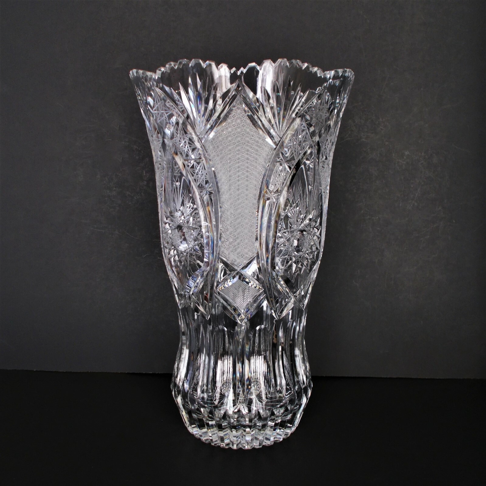 LARGE 16″Tall x 9 1/2″ Top x 5 1/2″ Base ABP Cut Glass Vase – 14 Pounds Heavy