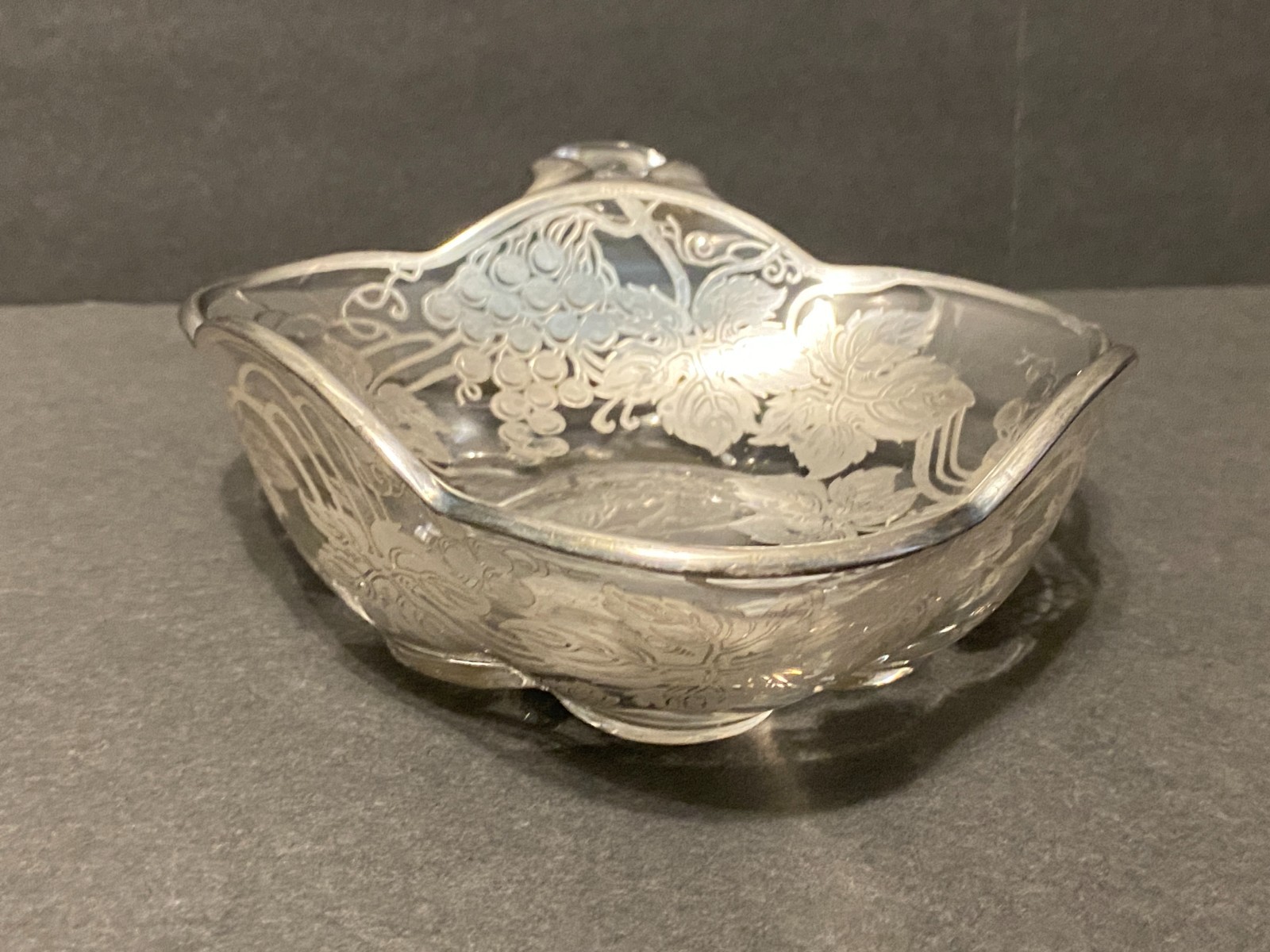 Vintage Silver Overlay Glass Candy Nut Dish Grape Vines Leaves Grapes
