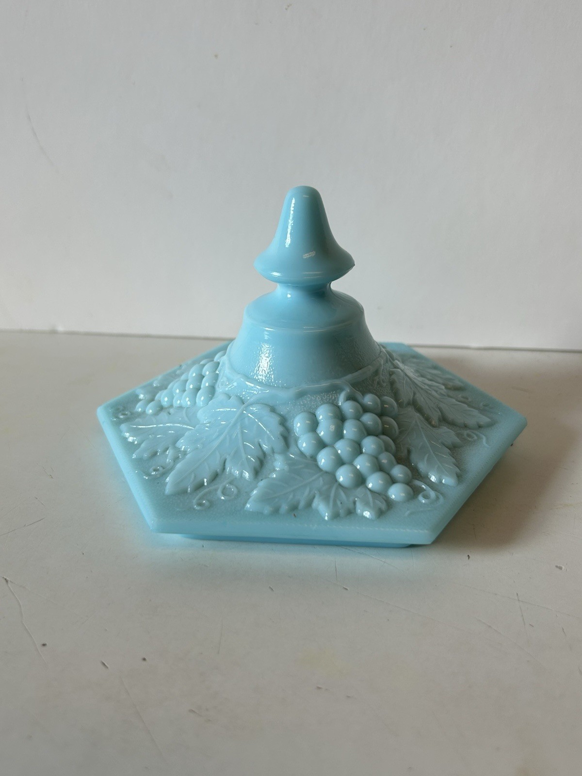 Imperial Blue Milk Glass Covered Compote Candy Dish Grape and Leaf Hexagon