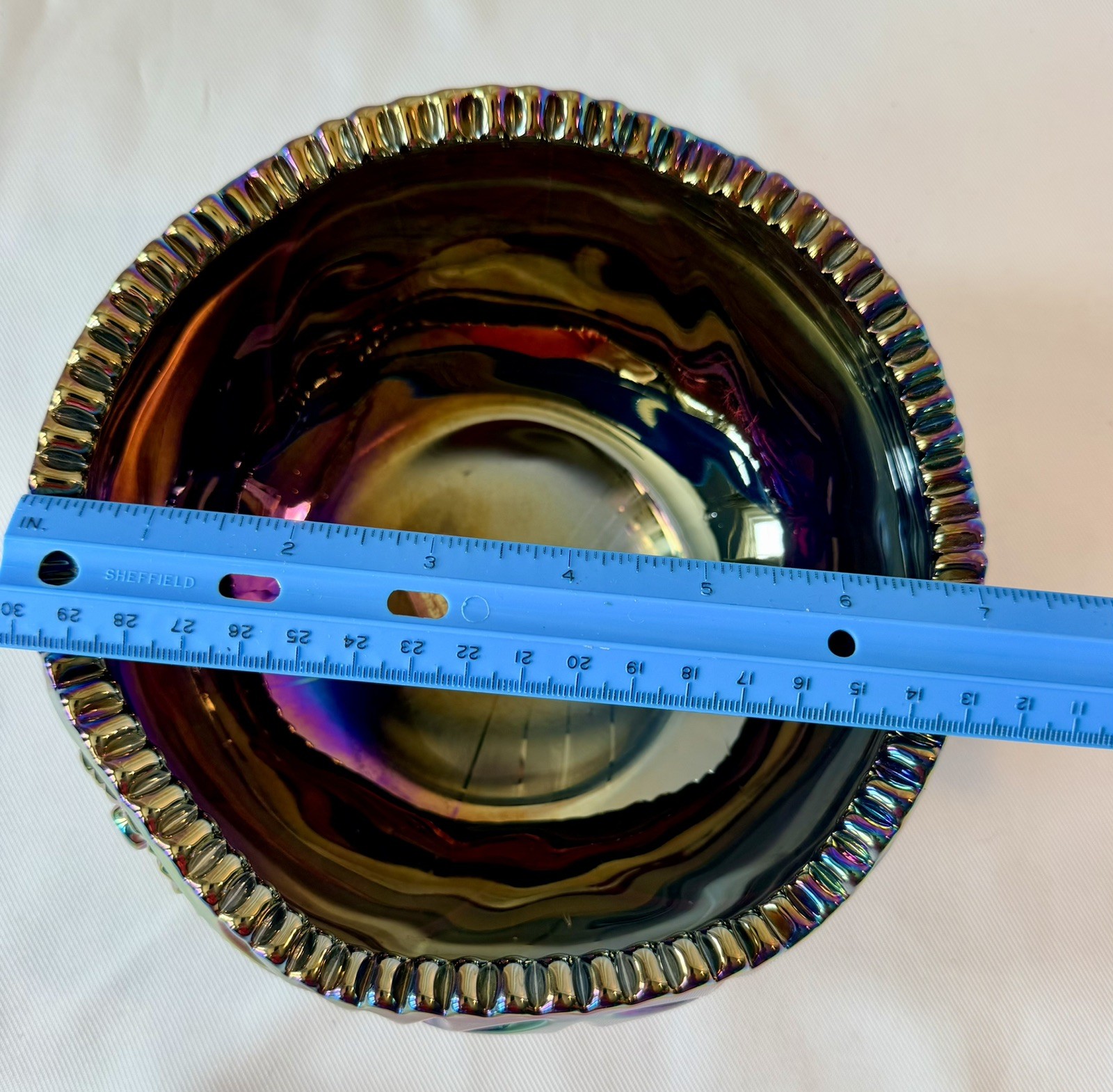 LE Smith Heritage Carnival Glass Bowl 7.25” Iridescent Sawtooth Hobstar Amethyst