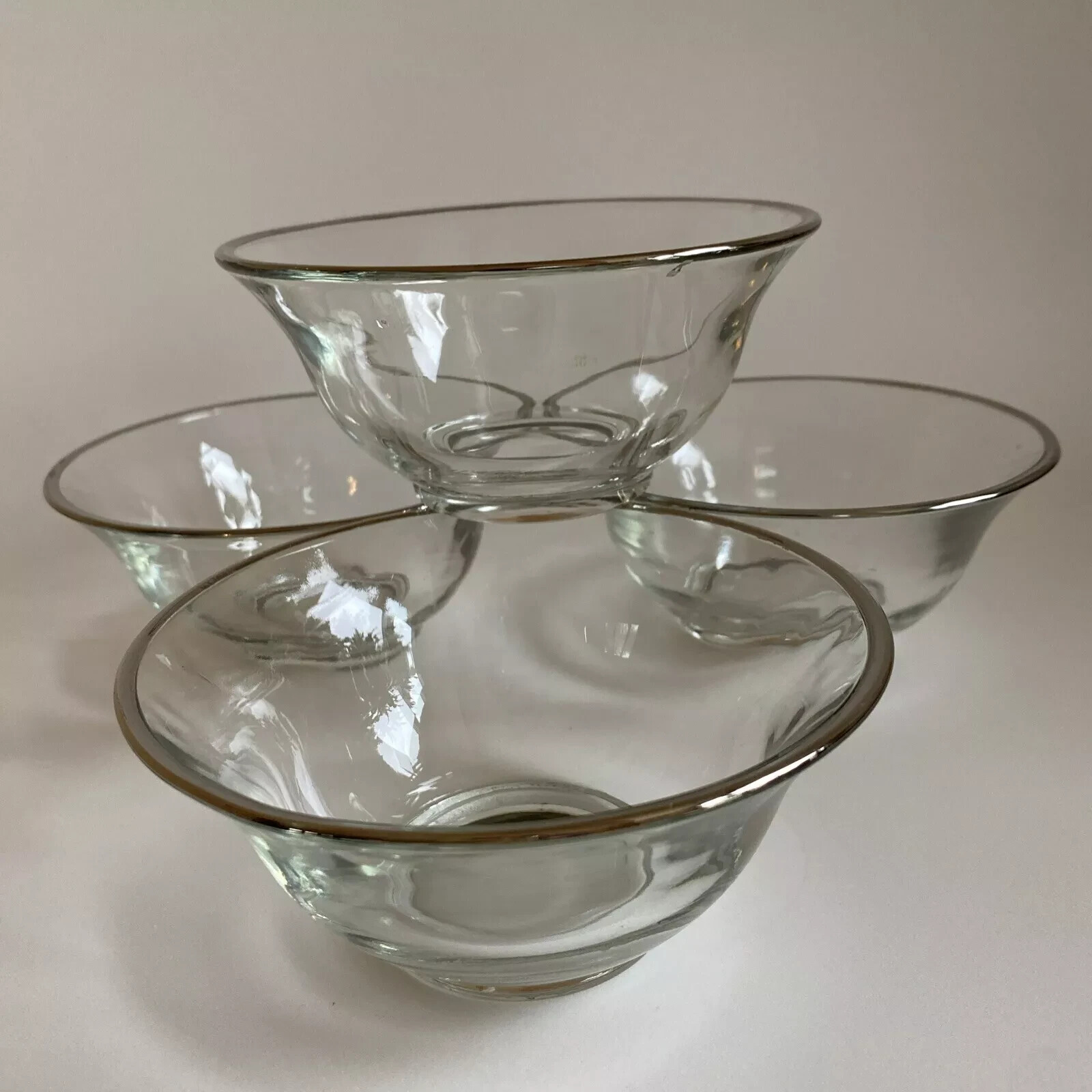 SET OF 4 Mid Century Mod Platinum Rim Clear Glass 5-1/4″ Dessert Ice Cream Bowls
