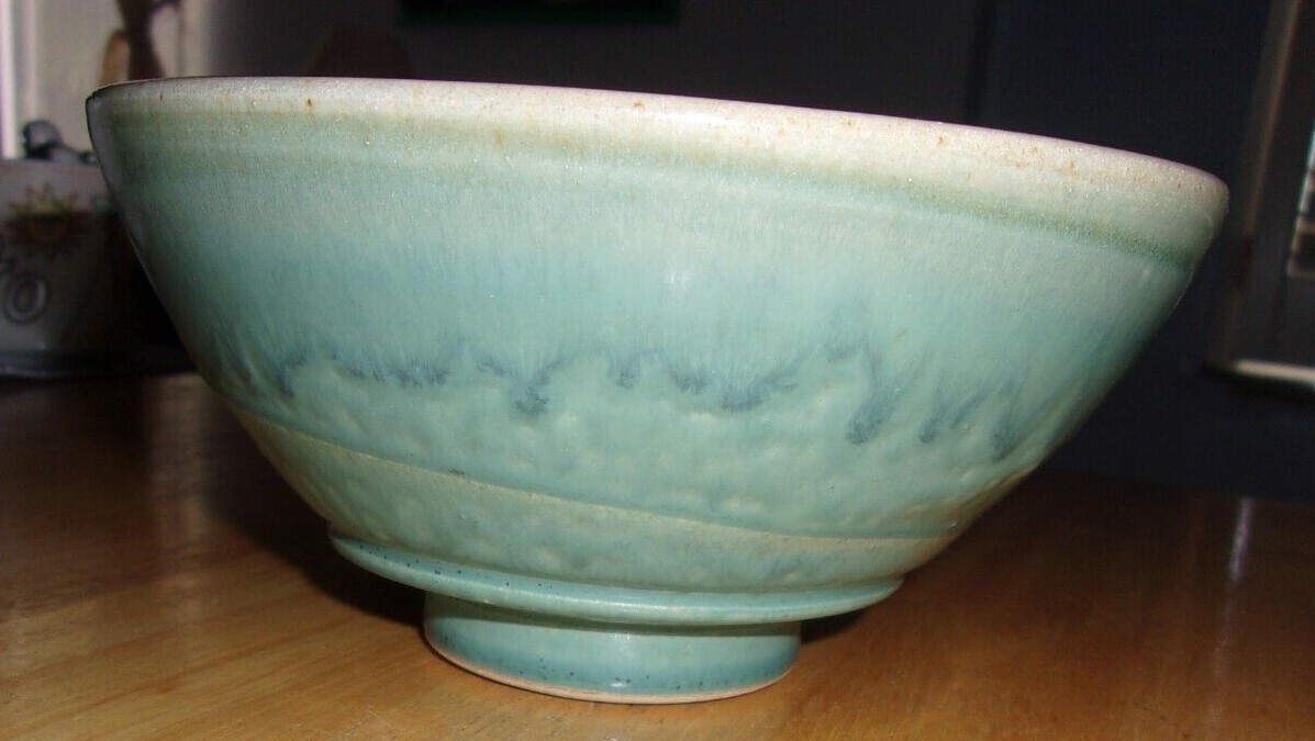 Signed Art Pottery Bowl Blue Gray Drip Glaze Tan Swirl & Leaf Inside