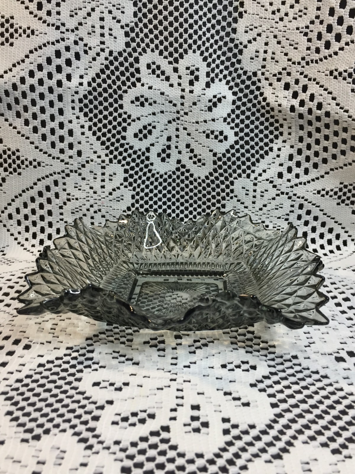 Light Gray Clear Glass Candy Bowl Square Serving Dish with Pointy Edges Vintage