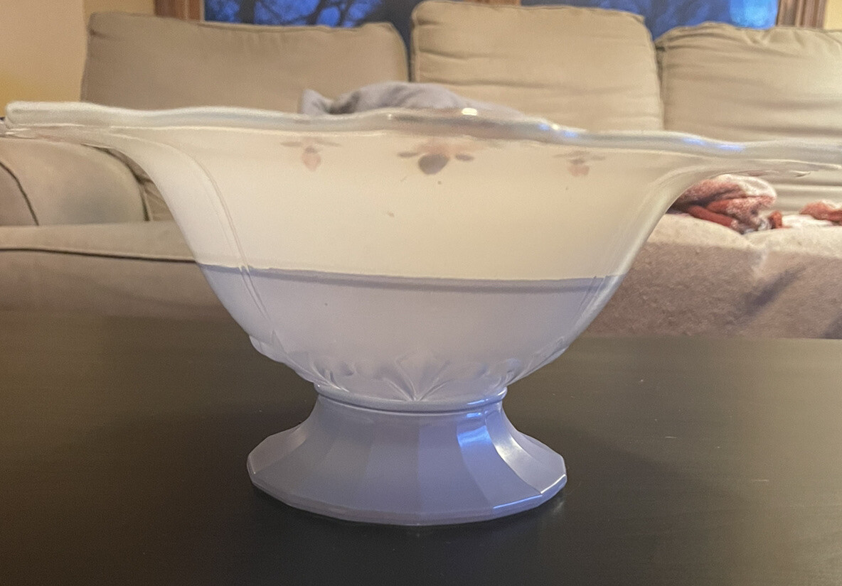 Baby Blue Art glass Bowl Pink Roses Platinum trim on Clear & White Glass