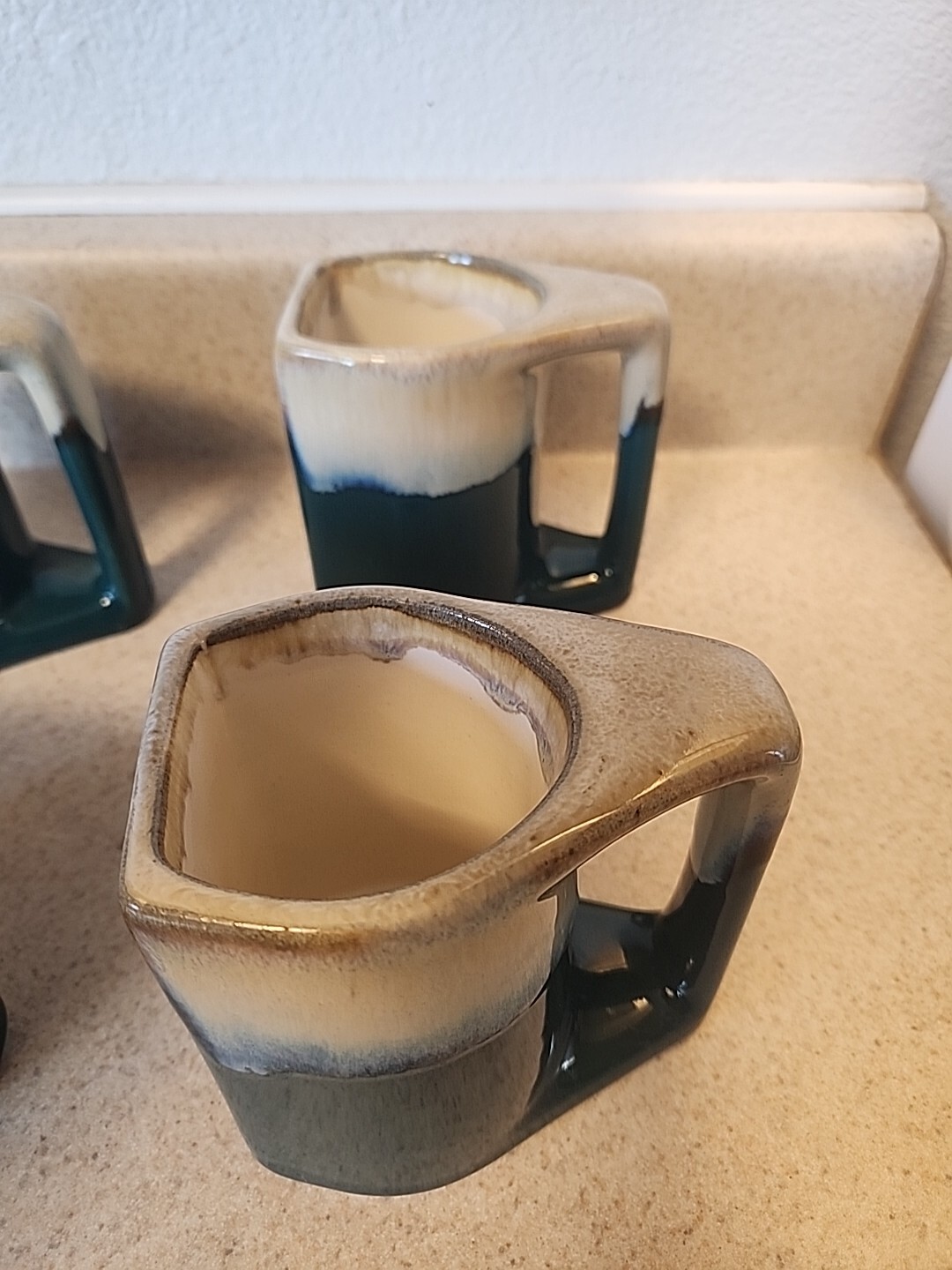 VTG Padilla Signed Stoneware Mugs Blue/Tan Drip Glaze Set of 4 boho
