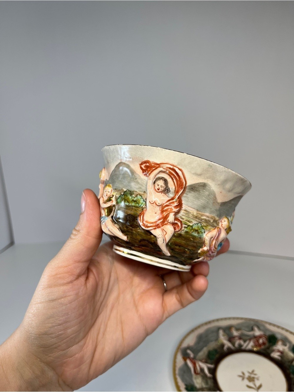 Vintage Capodimonte Italy Demitasse Teacup & Saucer MAS Cherub Dragon Handle MCM