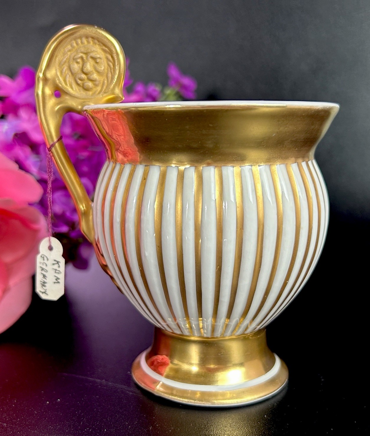 Antique Royal Porzellan Manufaktur RPM Lion Handle Cup Gold Stripes 4 3/8”